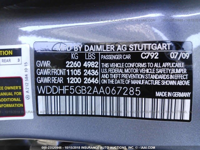 WDDHF5GB2AA067285 - 2010 MERCEDES-BENZ E 350 GRAY photo 9