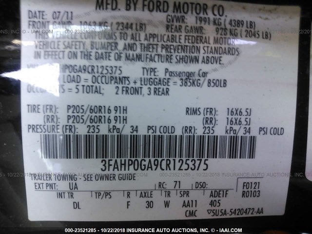 3FAHP0GA9CR125375 - 2012 FORD FUSION S BLACK photo 9