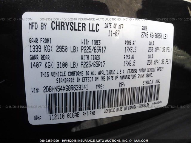 2D8HN54X68R639141 - 2008 DODGE GRAND CARAVAN SXT BLACK photo 9