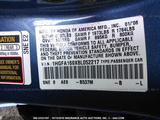 1HGFA169X8L052217 - 2008 HONDA CIVIC EXL BLUE photo 9