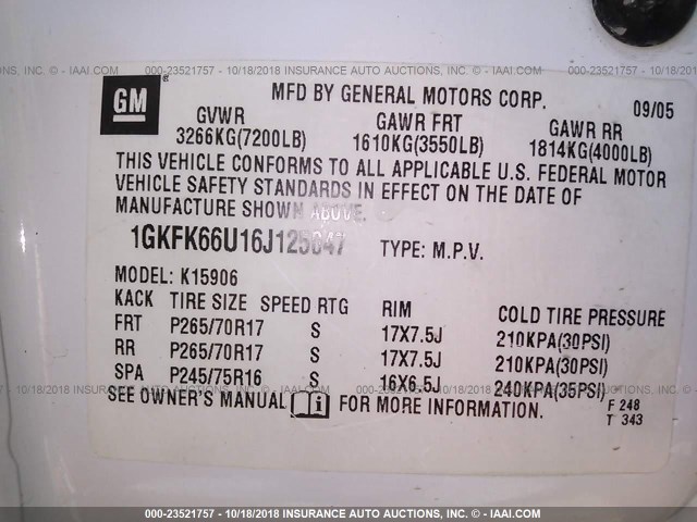 1GKFK66U16J125047 - 2006 GMC YUKON XL DENALI WHITE photo 9