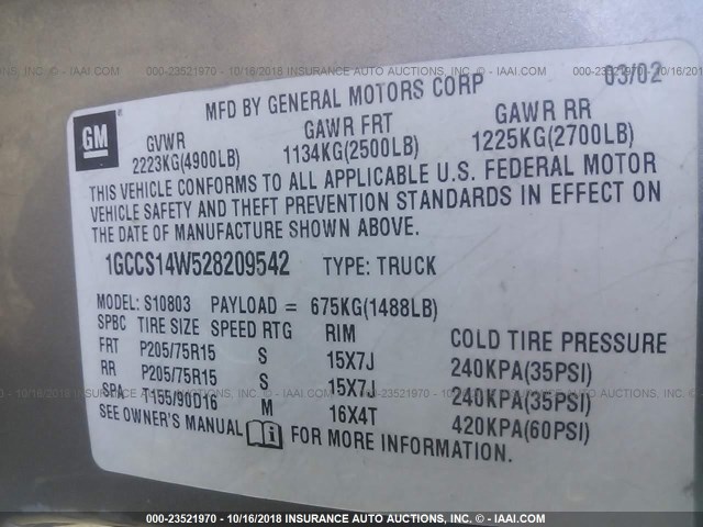 1GCCS14W528209542 - 2002 CHEVROLET S TRUCK S10 Pewter photo 9