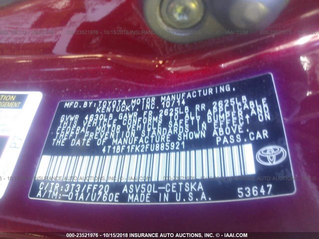 4T1BF1FK2FU885921 - 2015 TOYOTA CAMRY LE/XLE/SE/XSE RED photo 9