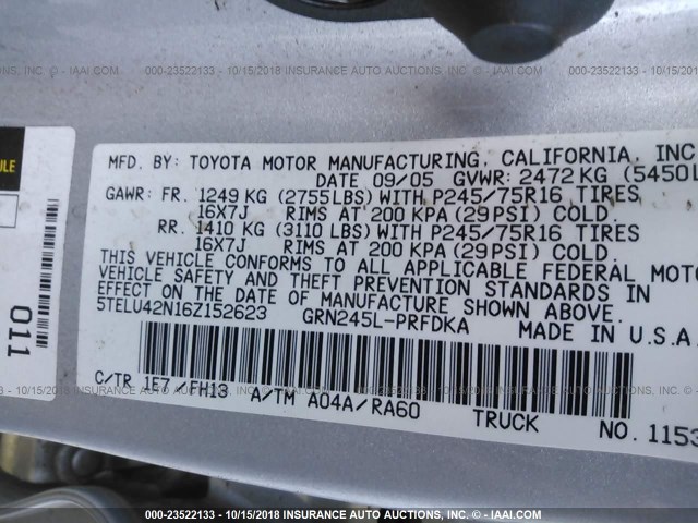 5TELU42N16Z152623 - 2006 TOYOTA TACOMA DOUBLE CAB 银色 照片 9