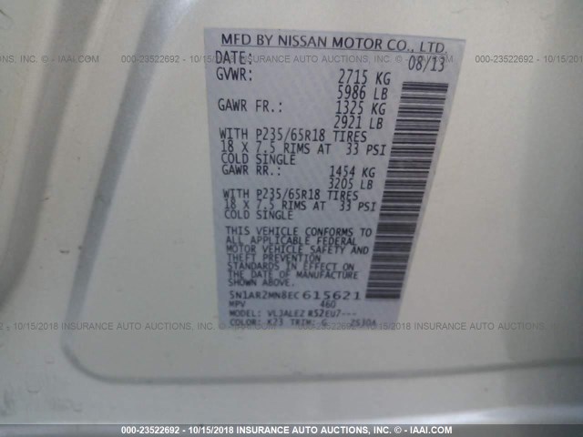 5N1AR2MN8EC615621 - 2014 NISSAN PATHFINDER S/SV/SL/PLATINUM SILVER photo 9