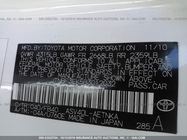 JTNBF3EK5B3012032 - 2011 TOYOTA CAMRY SE/LE/XLE WHITE photo 9