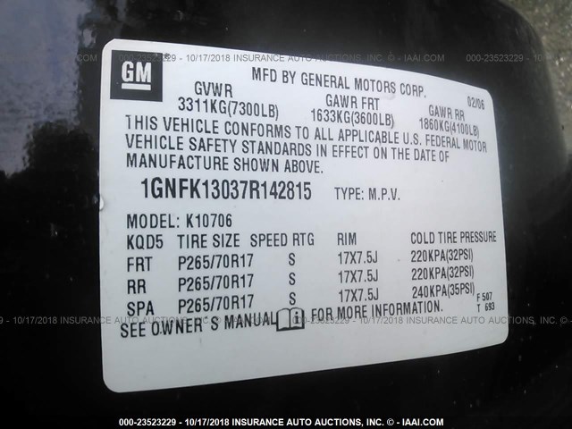 1GNFK13037R142815 - 2007 CHEVROLET TAHOE K1500 BLACK photo 9