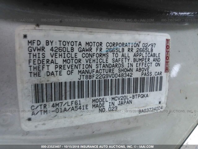 JT8BF22G9V0048342 - 1997 LEXUS ES 300 GRAY photo 9