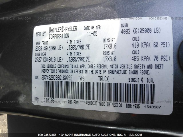 3D7KS29C86G160293 - 2006 DODGE RAM 2500 GRAY photo 9