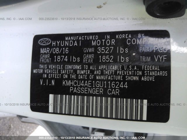 KMHCU4AE1GU116244 - 2016 HYUNDAI ACCENT SE WHITE photo 9