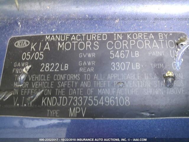 KNDJD733755496108 - 2005 KIA SORENTO EX/LX BLUE photo 9