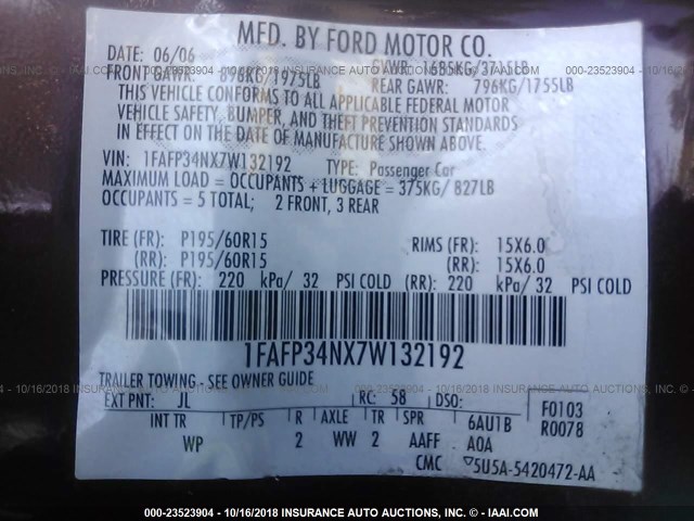 1FAFP34NX7W132192 - 2007 FORD FOCUS ZX4/S/SE/SES BURGUNDY photo 9