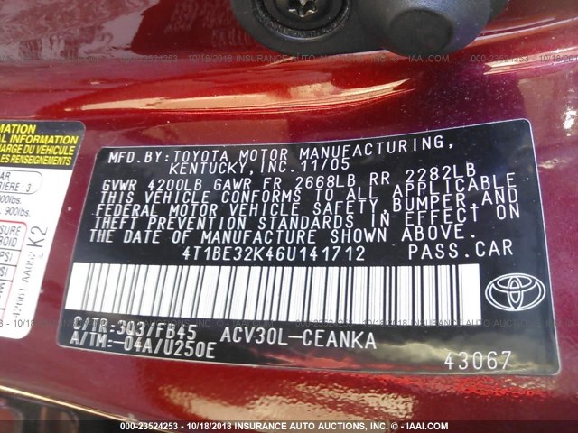 4T1BE32K46U141712 - 2006 TOYOTA CAMRY LE/XLE/SE RED photo 9