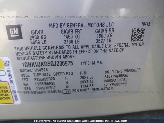 1GNKVJKD5GJ206975 - 2016 CHEVROLET TRAVERSE LTZ SILVER photo 9