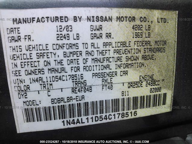 1N4AL11D54C178516 - 2004 NISSAN ALTIMA S/SL GREEN photo 9