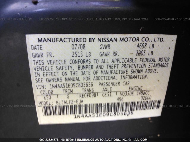 1N4AA51E09C805636 - 2009 NISSAN MAXIMA S/SV GRAY photo 9