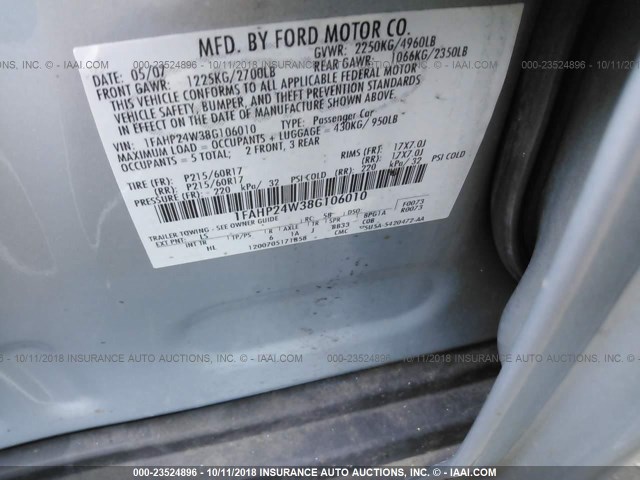 1FAHP24W38G106010 - 2008 FORD TAURUS SEL Light Blue photo 9