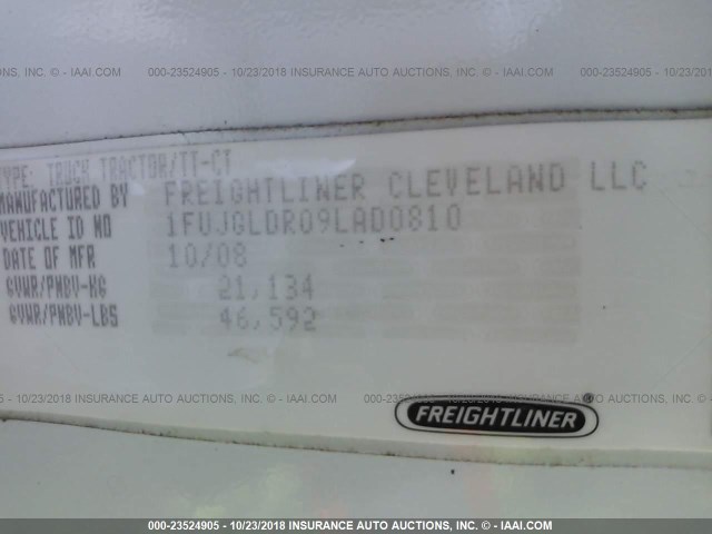 1FUJGLDR09LAD0810 - 2009 FREIGHTLINER CASCADIA 125  WHITE photo 10