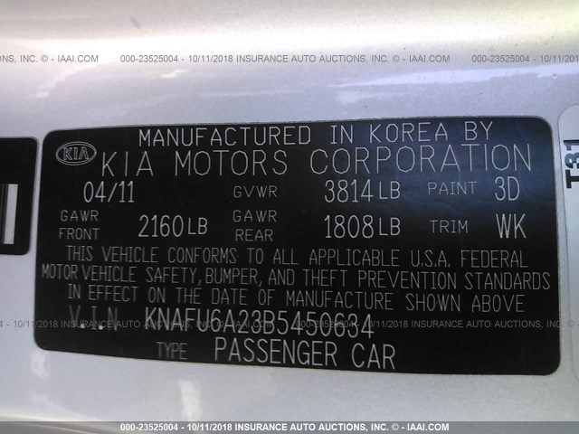 KNAFU6A23B5450634 - 2011 KIA FORTE EX SILVER photo 9