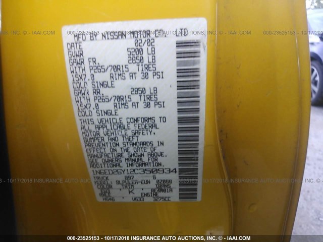 1N6ED26Y12C350934 - 2002 NISSAN FRONTIER KING CAB XE/KING CAB SE YELLOW photo 9