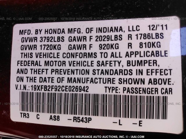 19XFB2F92CE026942 - 2012 HONDA CIVIC EXL PURPLE photo 9