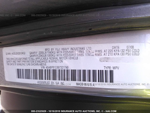 4S4BP61C697321749 - 2009 SUBARU OUTBACK 2.5I GRAY photo 9