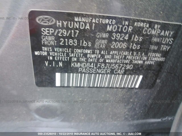 KMHD84LF8JU567290 - 2018 HYUNDAI ELANTRA SEL/VALUE/LIMITED GRAY photo 9