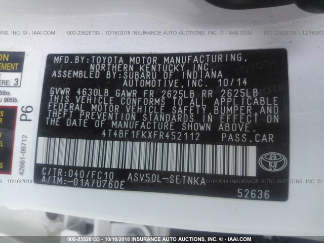 4T4BF1FKXFR452112 - 2015 TOYOTA CAMRY LE/XLE/SE/XSE WHITE photo 9