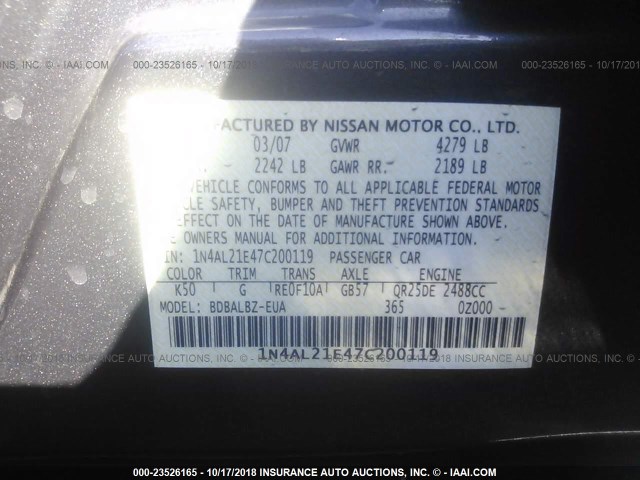 1N4AL21E47C200119 - 2007 NISSAN ALTIMA 2.5/2.5S GRAY photo 9