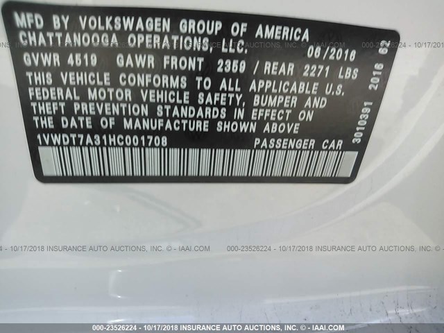 1VWDT7A31HC001708 - 2017 VOLKSWAGEN PASSAT R-LINE Ağ foto 9