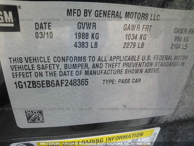 1G1ZB5EB6AF248365 - 2010 CHEVROLET MALIBU LS 黑色 照片 9