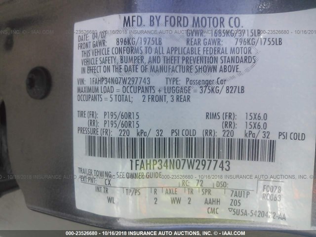 1FAHP34N07W297743 - 2007 FORD FOCUS ZX4/S/SE/SES GRAY photo 9
