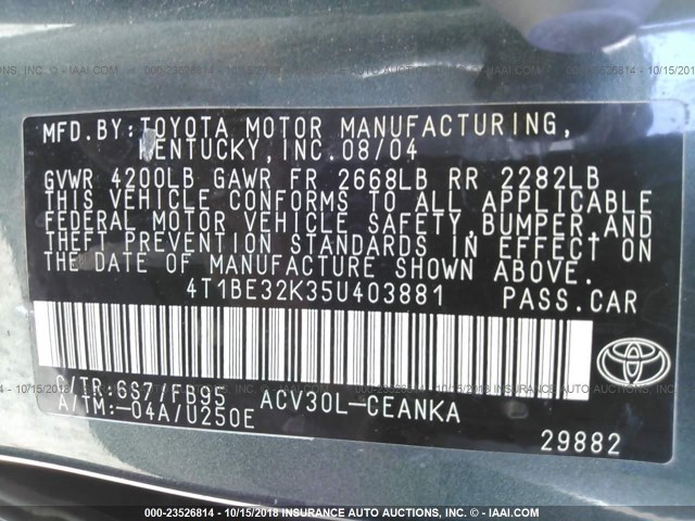 4T1BE32K35U403881 - 2005 TOYOTA CAMRY LE/XLE/SE GREEN photo 9