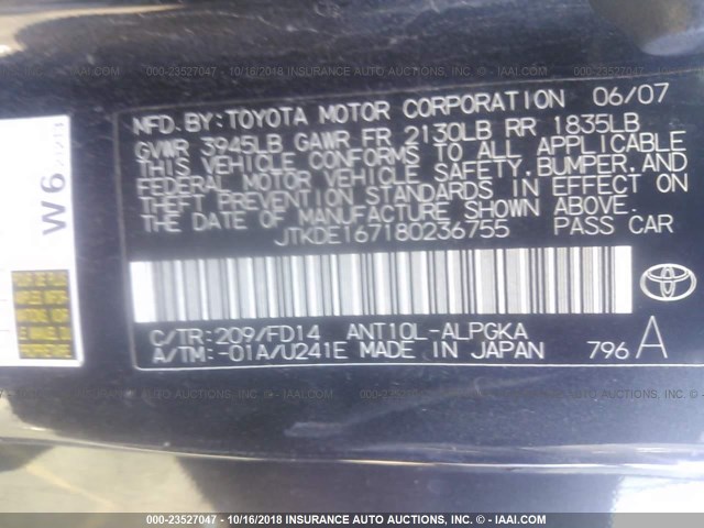 JTKDE167180236755 - 2008 TOYOTA SCION TC შავი ფოტო 9