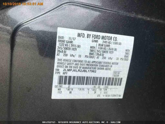 2LMPJ6LR2JBL17982 - 2018 LINCOLN MKX RESERVE Մոխրագույն լուսանկար 14