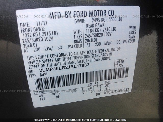 2LMPJ6LR2JBL17982 - 2018 LINCOLN MKX RESERVE Մոխրագույն լուսանկար 9