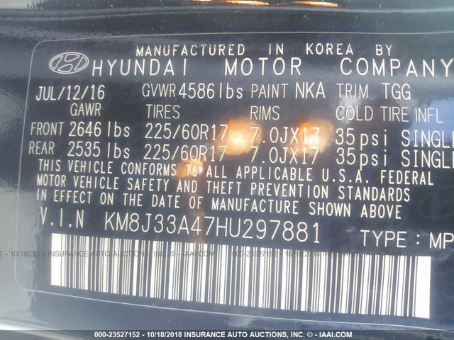 KM8J33A47HU297881 - 2017 HYUNDAI TUCSON LIMITED/SPORT AND ECO/SE BLACK photo 9