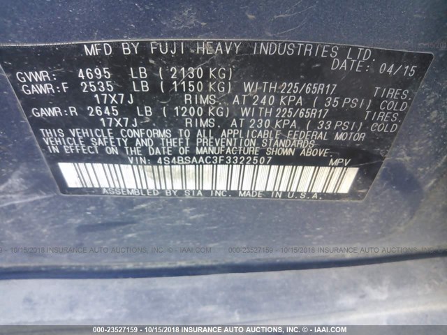 4S4BSAAC3F3322507 - 2015 SUBARU OUTBACK 2.5I BLUE photo 9