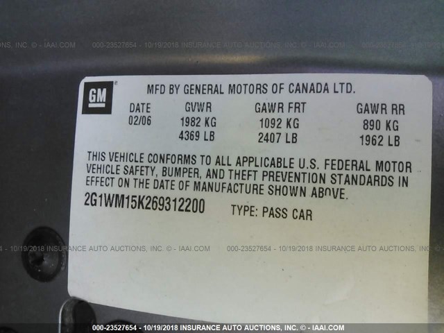 2G1WM15K269312200 - 2006 CHEVROLET MONTE CARLO LT SILVER photo 9