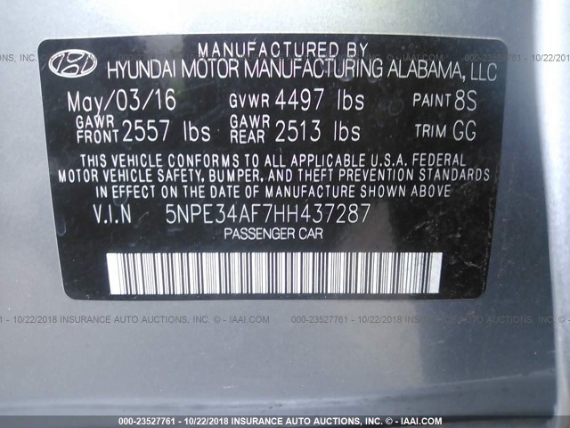 5NPE34AF7HH437287 - 2017 HYUNDAI SONATA SPORT/LIMITED GRAY photo 9