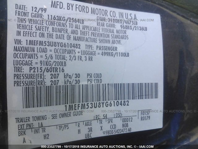 1MEFM53U8YG610482 - 2000 MERCURY SABLE LS BLUE photo 9