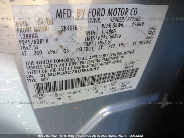 2FMDK38C78BB04857 - 2008 FORD EDGE SEL Light Blue photo 9