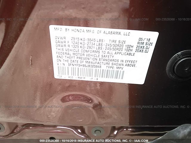 5FNYF5H95JB025948 - 2018 HONDA PILOT TOURING MAROON photo 9