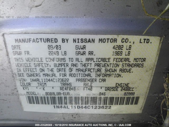 1N4AL11D44C123622 - 2004 NISSAN ALTIMA S/SL SILVER photo 9