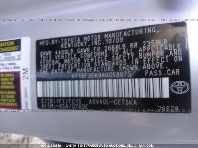 4T1BF3EK9AU069875 - 2010 TOYOTA CAMRY SE/LE/XLE SILVER photo 9