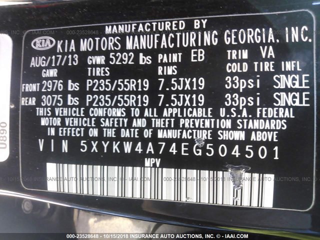 5XYKW4A74EG504501 - 2014 KIA SORENTO SX/SX LIMITED შავი ფოტო 9