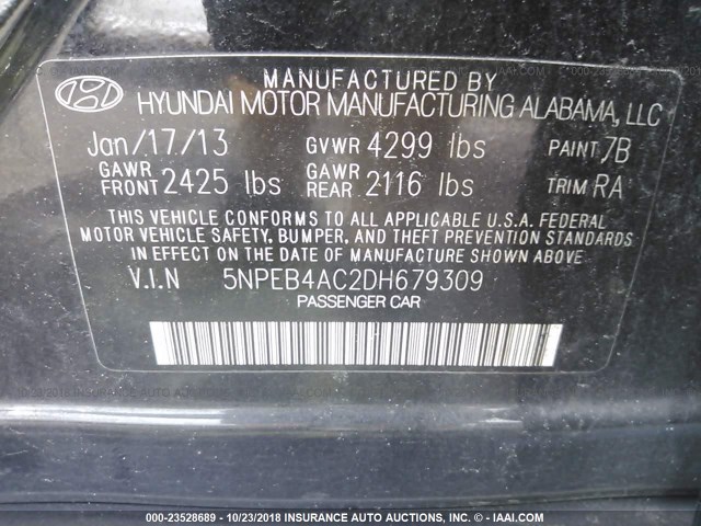 5NPEB4AC2DH679309 - 2013 HYUNDAI SONATA GLS BLACK photo 9