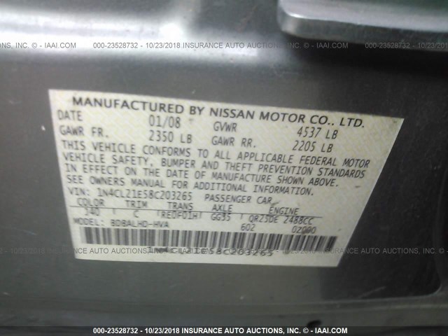 1N4CL21E58C203265 - 2008 NISSAN ALTIMA HYBRID GREEN photo 9