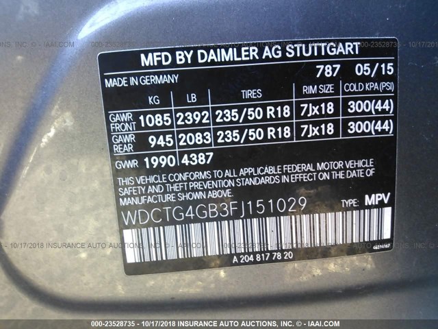 WDCTG4GB3FJ151029 - 2015 MERCEDES-BENZ GLA 250 4MATIC GRAY photo 9