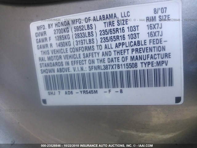 5FNRL387X7B115508 - 2007 HONDA ODYSSEY EXL GOLD photo 9